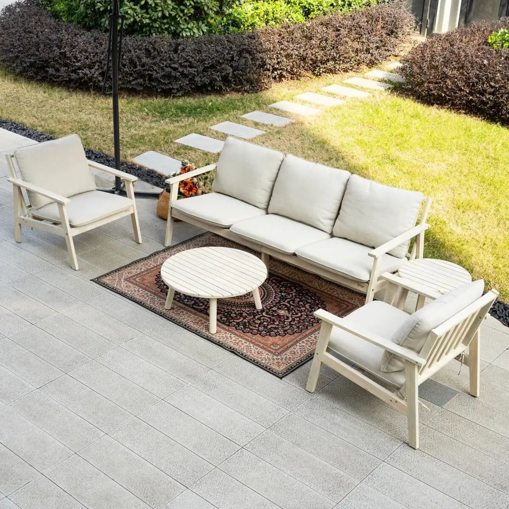 5 - Seater Wooden Outdoor Furniture Set – Garden Sofa with Round Coffee Table and Side Table - Direct Wicker