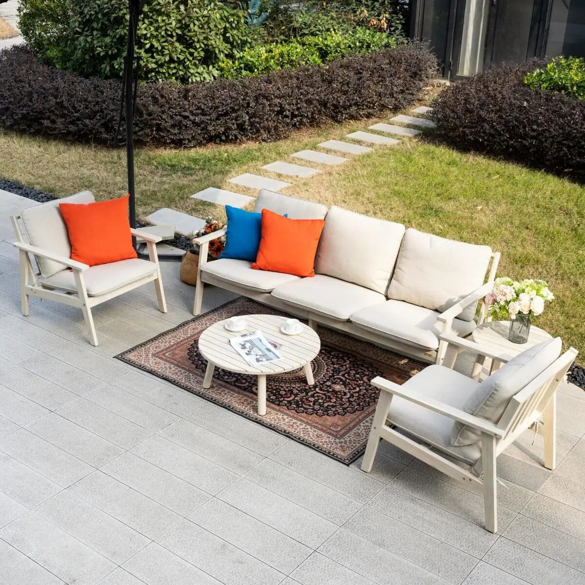 5 - Seater Wooden Outdoor Furniture Set – Garden Sofa with Round Coffee Table and Side Table - Direct Wicker