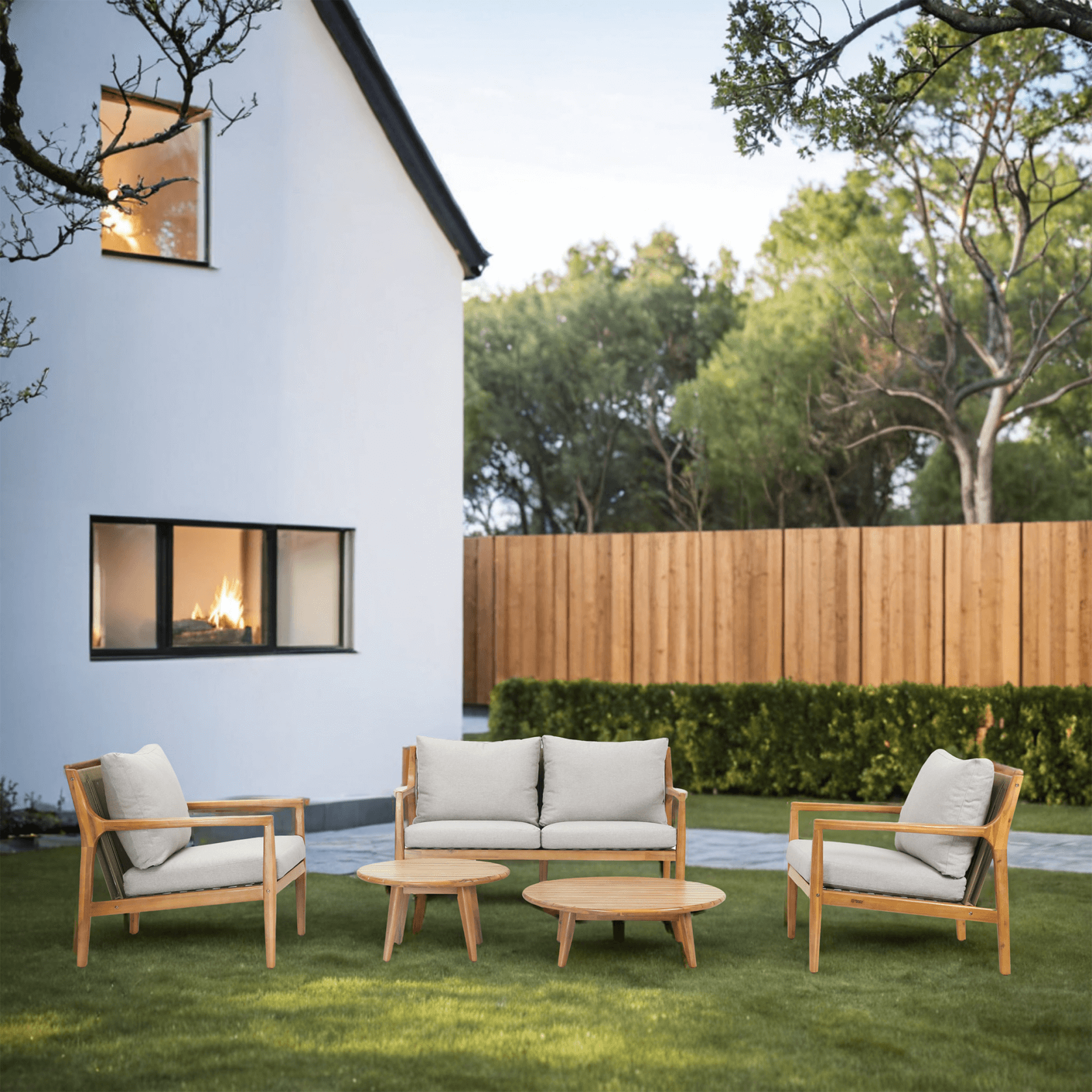 Rebel 4-Seater Wood Patio Conversation Set with Side Table (PAS-2513-2SC+SC*2+TA+ST)