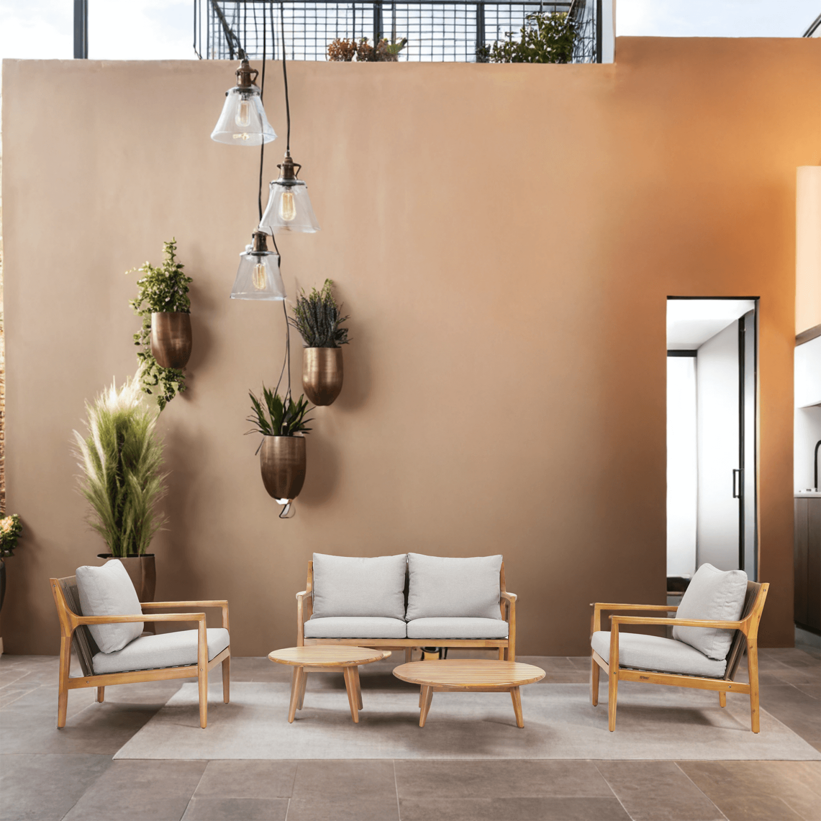 Rebel 4-Seater Wood Patio Conversation Set with Side Table (PAS-2513-2SC+SC*2+TA+ST)