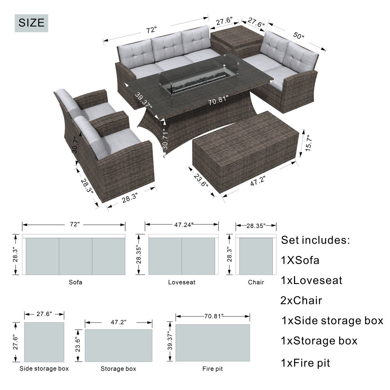 6-Piece Outdoor Fire Pit Sofa Set with Storage (PAS-1503+1106R) - Direct Wicker