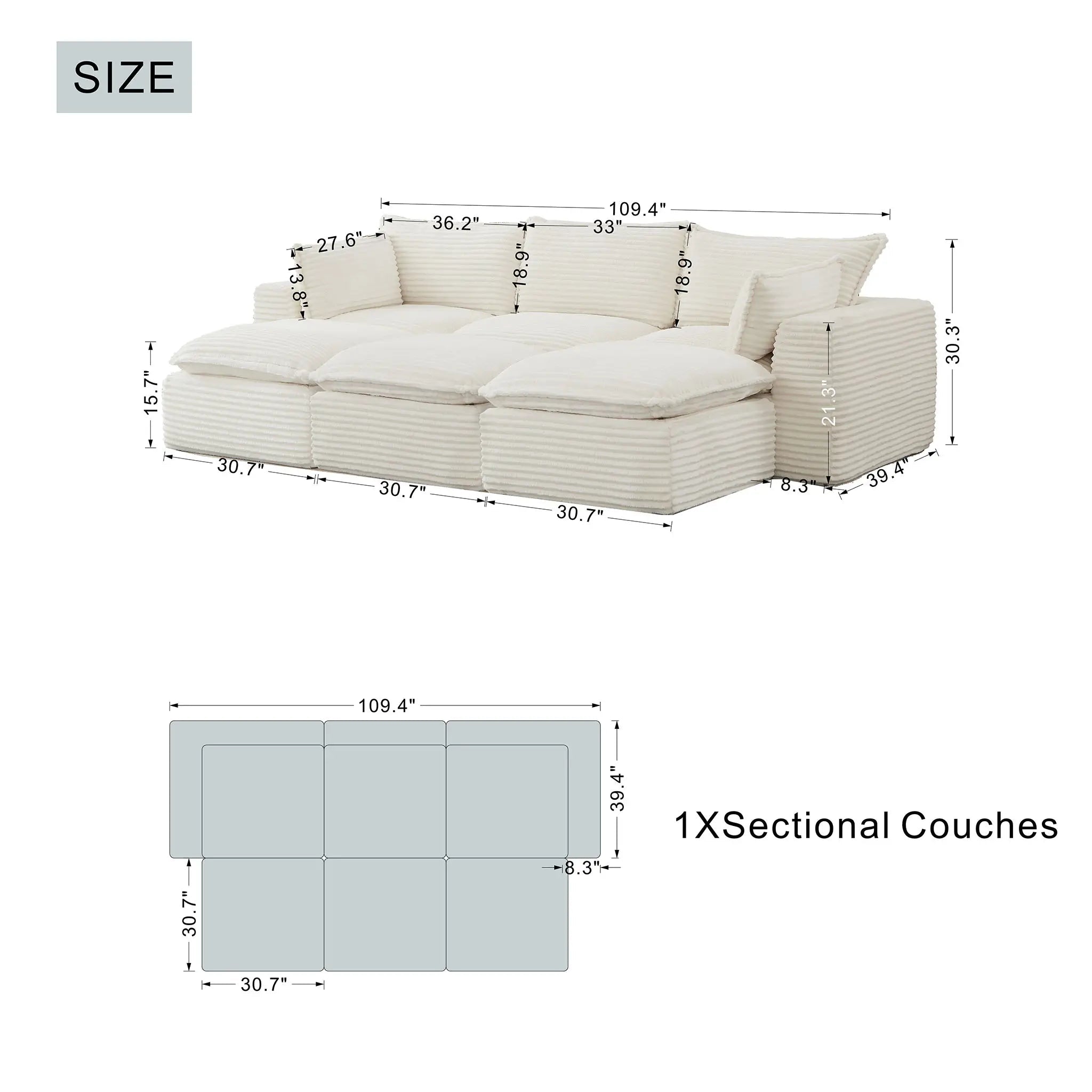 6 Pieces 3 - Seat Modular Sectional Sofa (PAS - 2637 - LS+MS+RS+FT3) - Direct Wicker