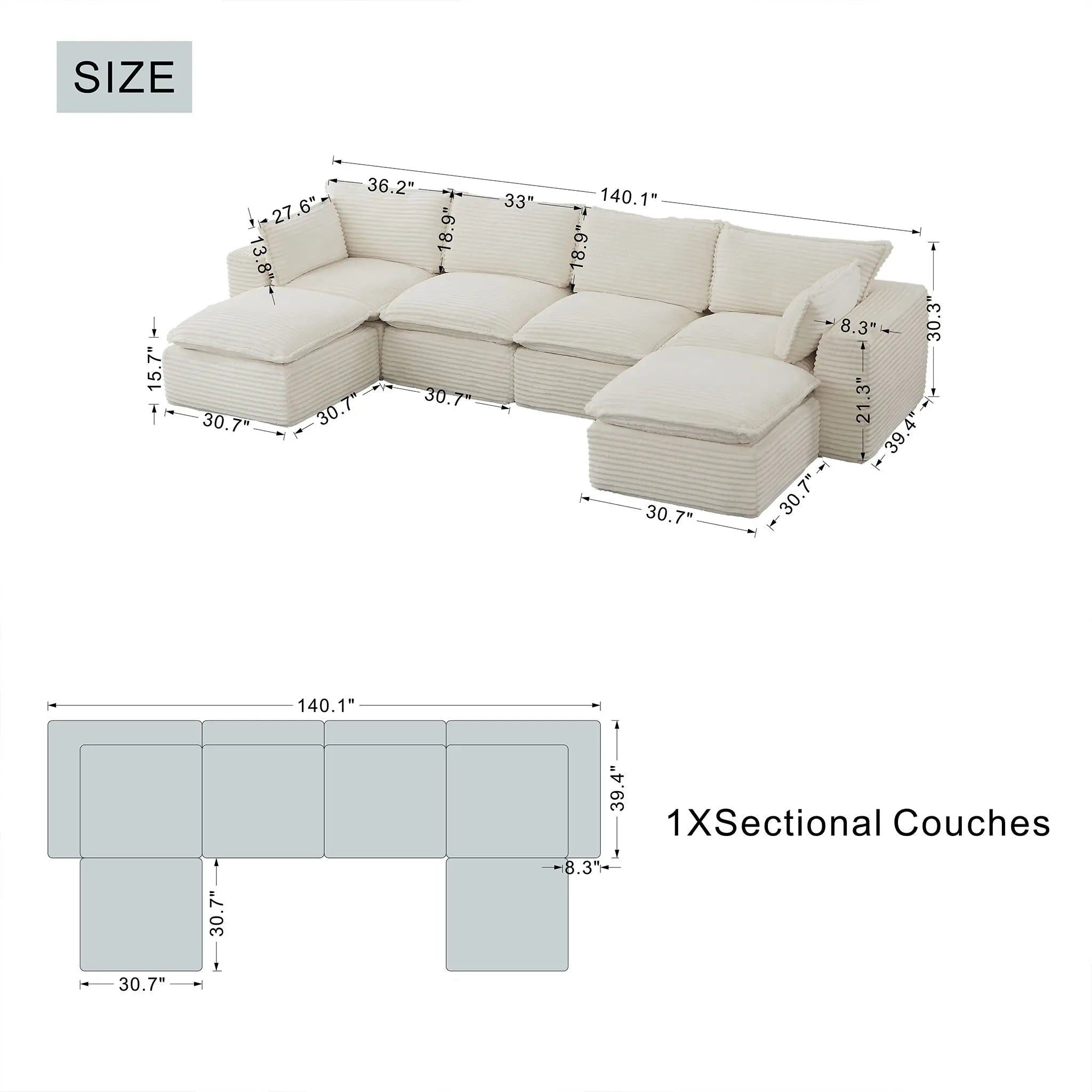 6 Pieces 4 - Seat Modular Sectional Sofa (PAS - 2637 - LS+MS2+RS+FT2) - Direct Wicker