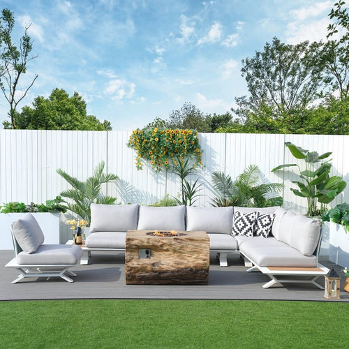6-Seat Corner Sofa Set with TerraFlame Rectangular Fire Pit Table (PAS-2323WH+2170BR) - Direct Wicker