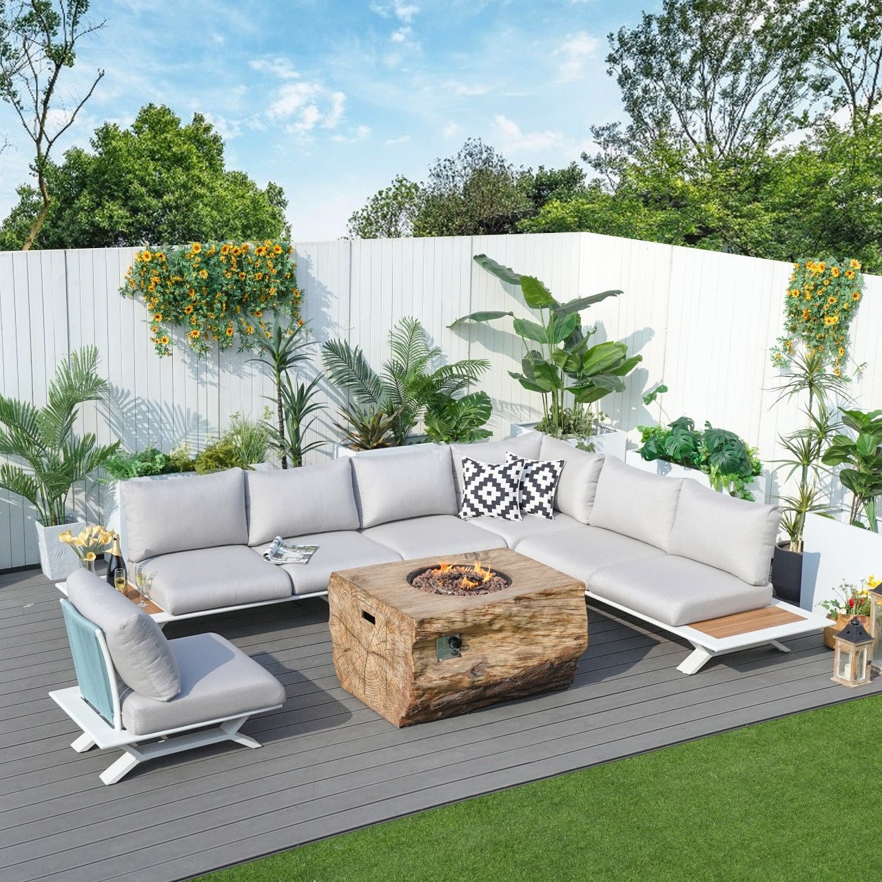 6-Seat Corner Sofa Set with TerraFlame Rectangular Fire Pit Table (PAS-2323WH+2170BR) - Direct Wicker