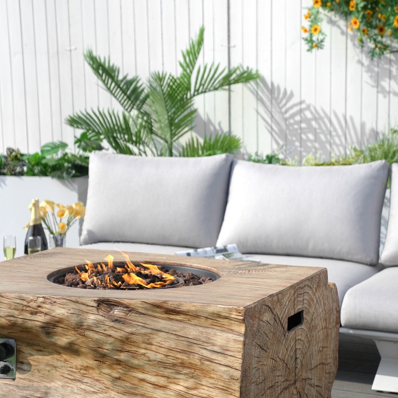 6-Seat Corner Sofa Set with TerraFlame Rectangular Fire Pit Table (PAS-2323WH+2170BR) - Direct Wicker