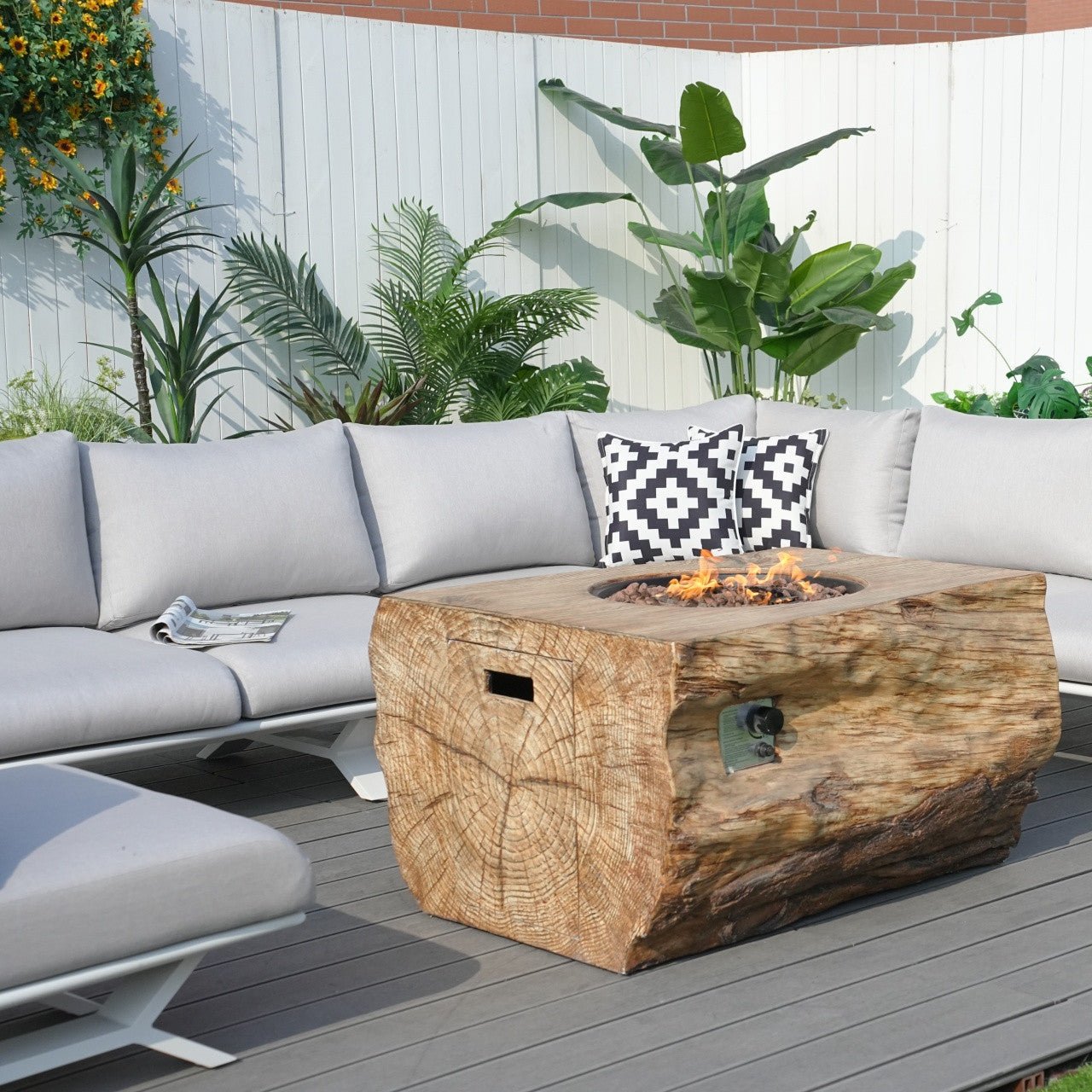 6-Seat Corner Sofa Set with TerraFlame Rectangular Fire Pit Table (PAS-2323WH+2170BR) - Direct Wicker