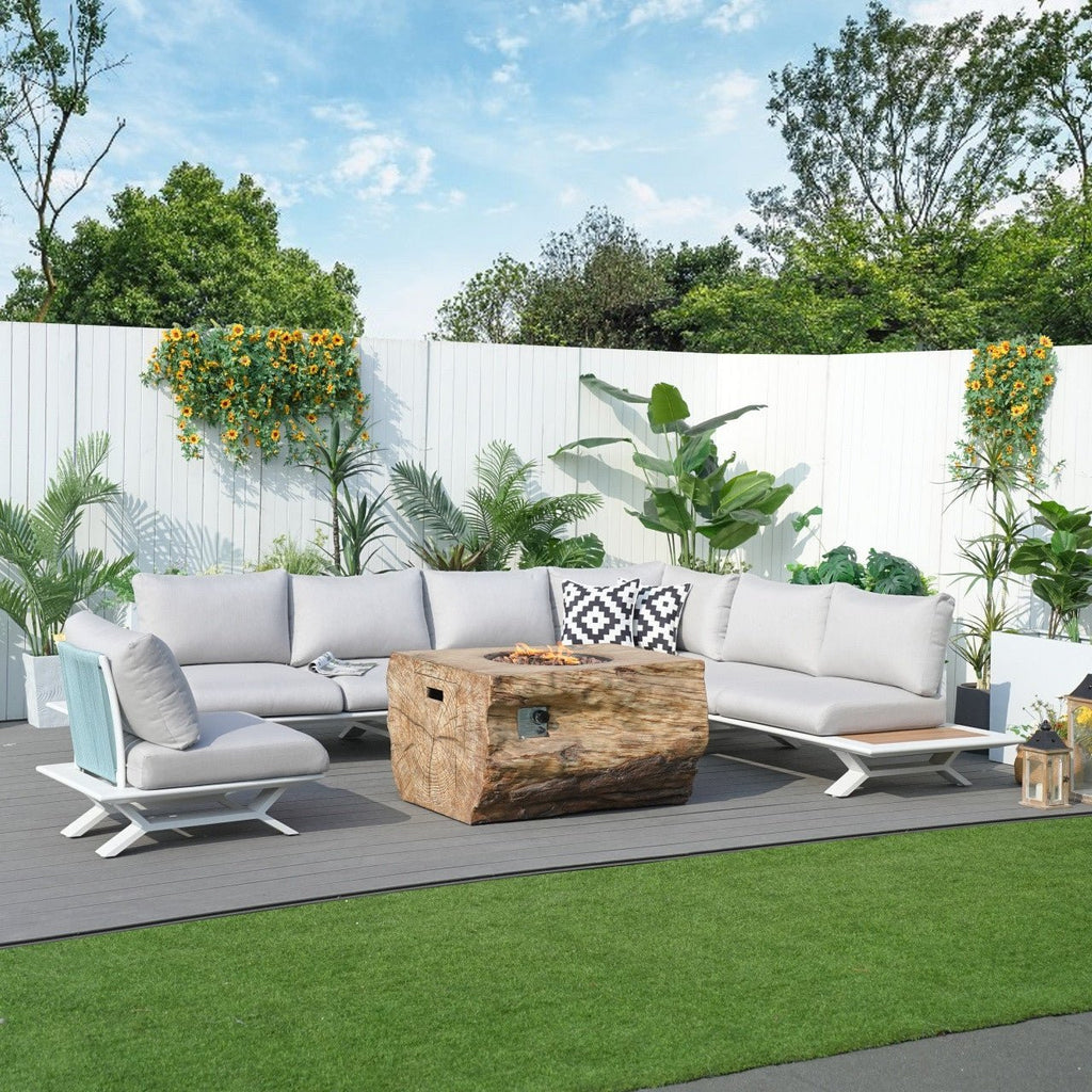 6-Seat Corner Sofa Set with TerraFlame Rectangular Fire Pit Table (PAS-2323WH+2170BR) - Direct Wicker