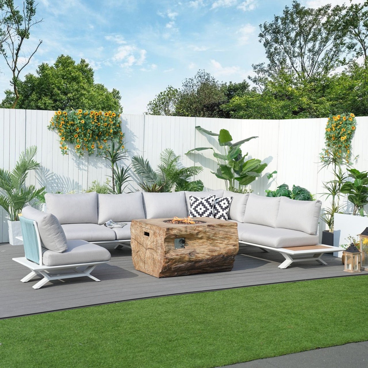 6-Seat Corner Sofa Set with TerraFlame Rectangular Fire Pit Table (PAS-2323WH+2170BR) - Direct Wicker