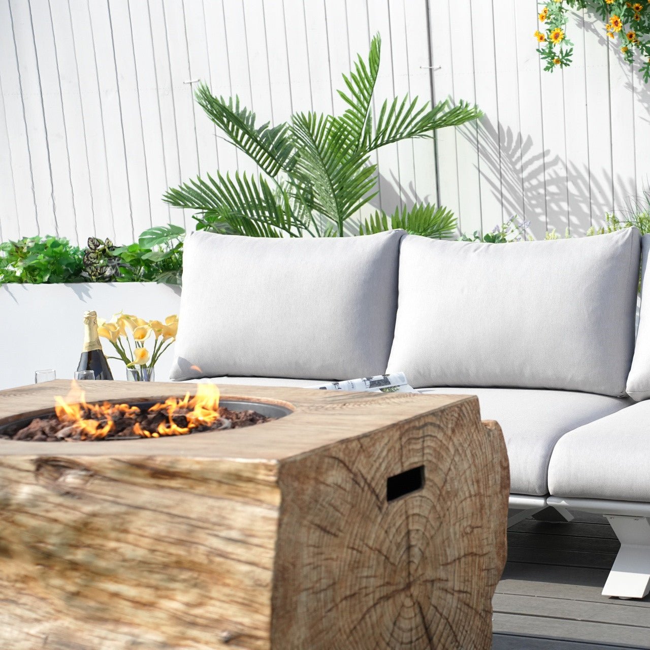 6-Seat Corner Sofa Set with TerraFlame Rectangular Fire Pit Table (PAS-2323WH+2170BR) - Direct Wicker