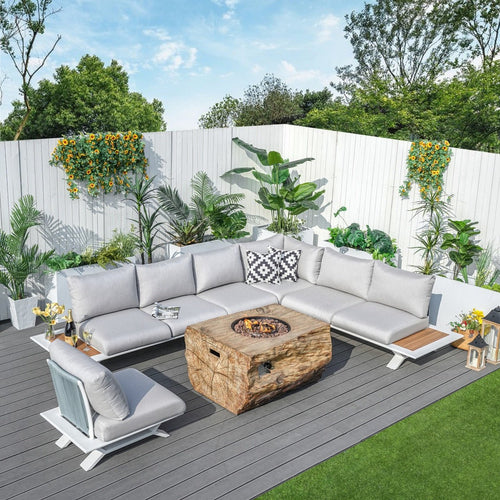 6-Seat Corner Sofa Set with TerraFlame Rectangular Fire Pit Table (PAS-2323WH+2170BR) - Direct Wicker