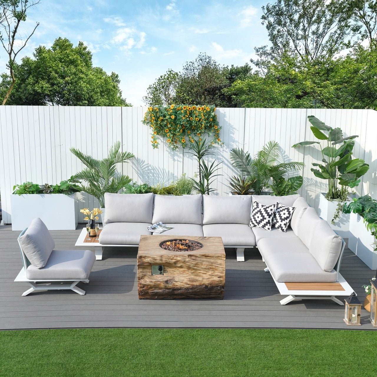 6-Seat Corner Sofa Set with TerraFlame Rectangular Fire Pit Table (PAS-2323WH+2170BR) - Direct Wicker