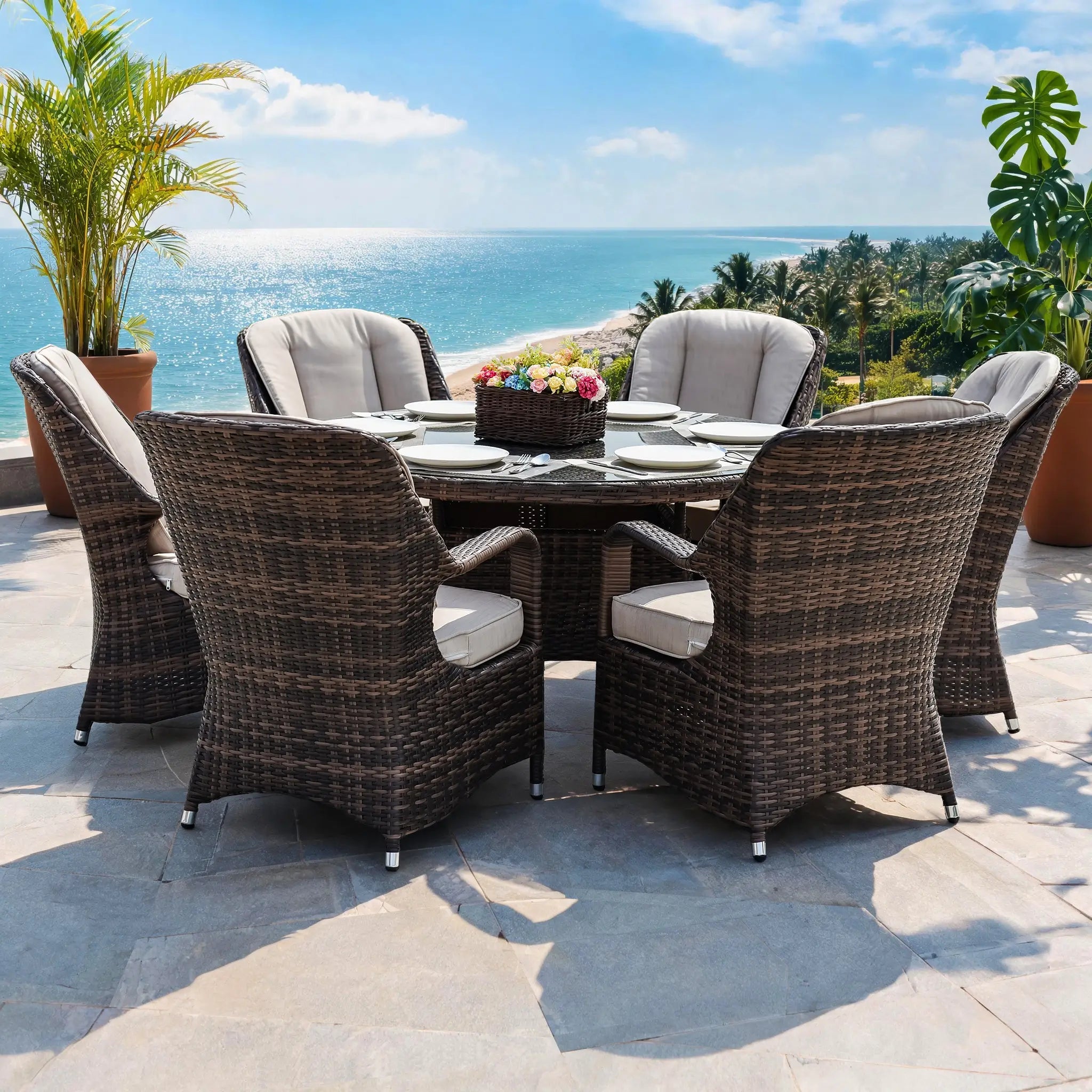 6-Seat Outdoor Dining Set with Round Table (PAD-1711) - Direct Wicker