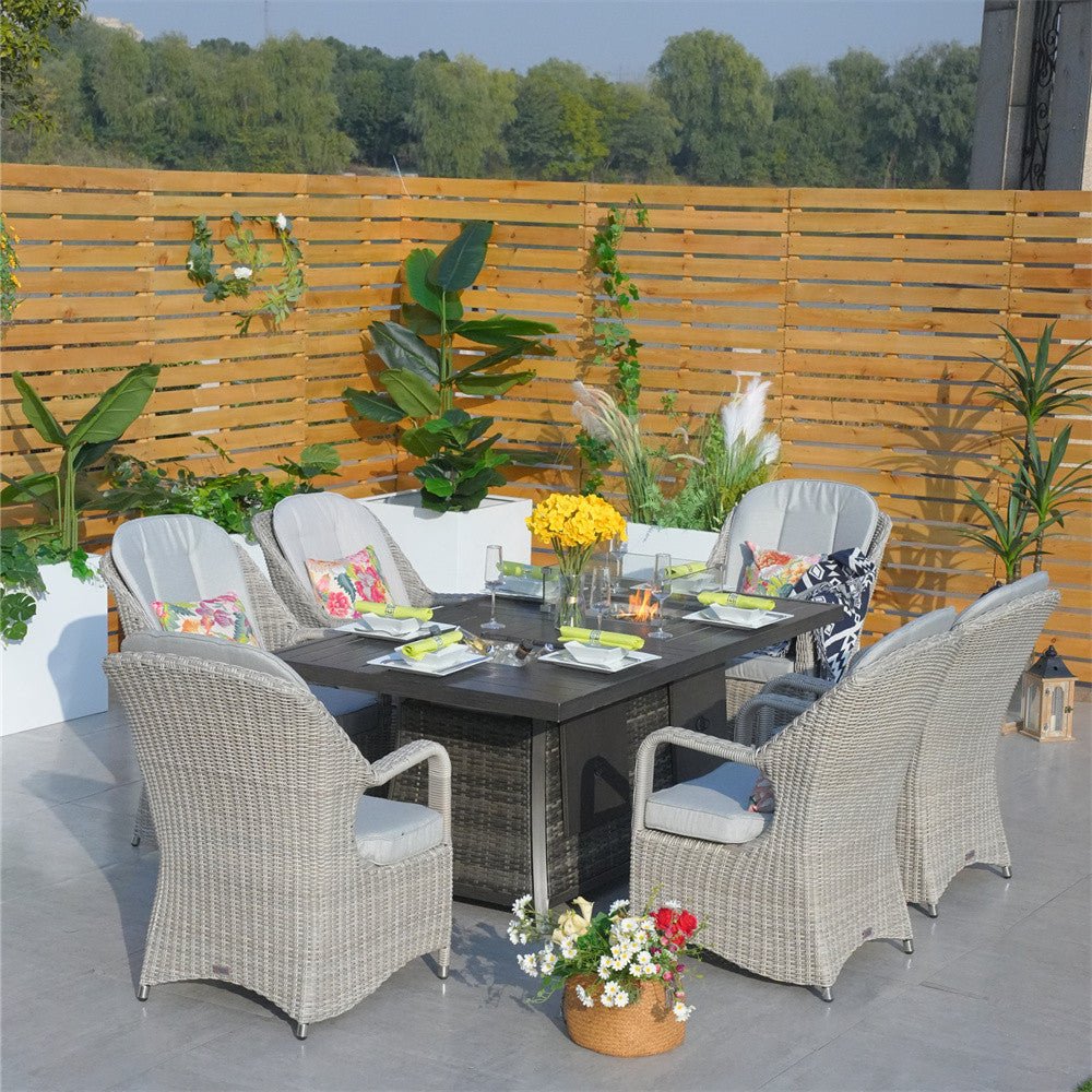 6-Seat Outdoor Fire Pit Dining Set-Rectangle Fire Pit Table (PAG-1106RA+009HL) - Direct Wicker