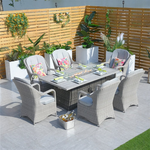 6-Seat Outdoor Fire Pit Dining Set-Rectangle Fire Pit Table (PAG-1106RA+009HL) - Direct Wicker