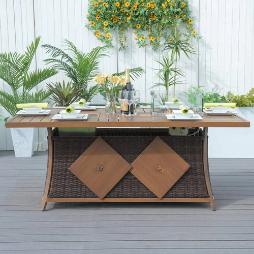6 - Seat Rectangular Fire Pit Table with Ice Bucket (PAG - 1106FI - T) - Direct Wicker