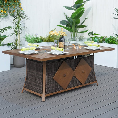 6 - Seat Rectangular Fire Pit Table with Ice Bucket (PAG - 1106FI - T) - Direct Wicker