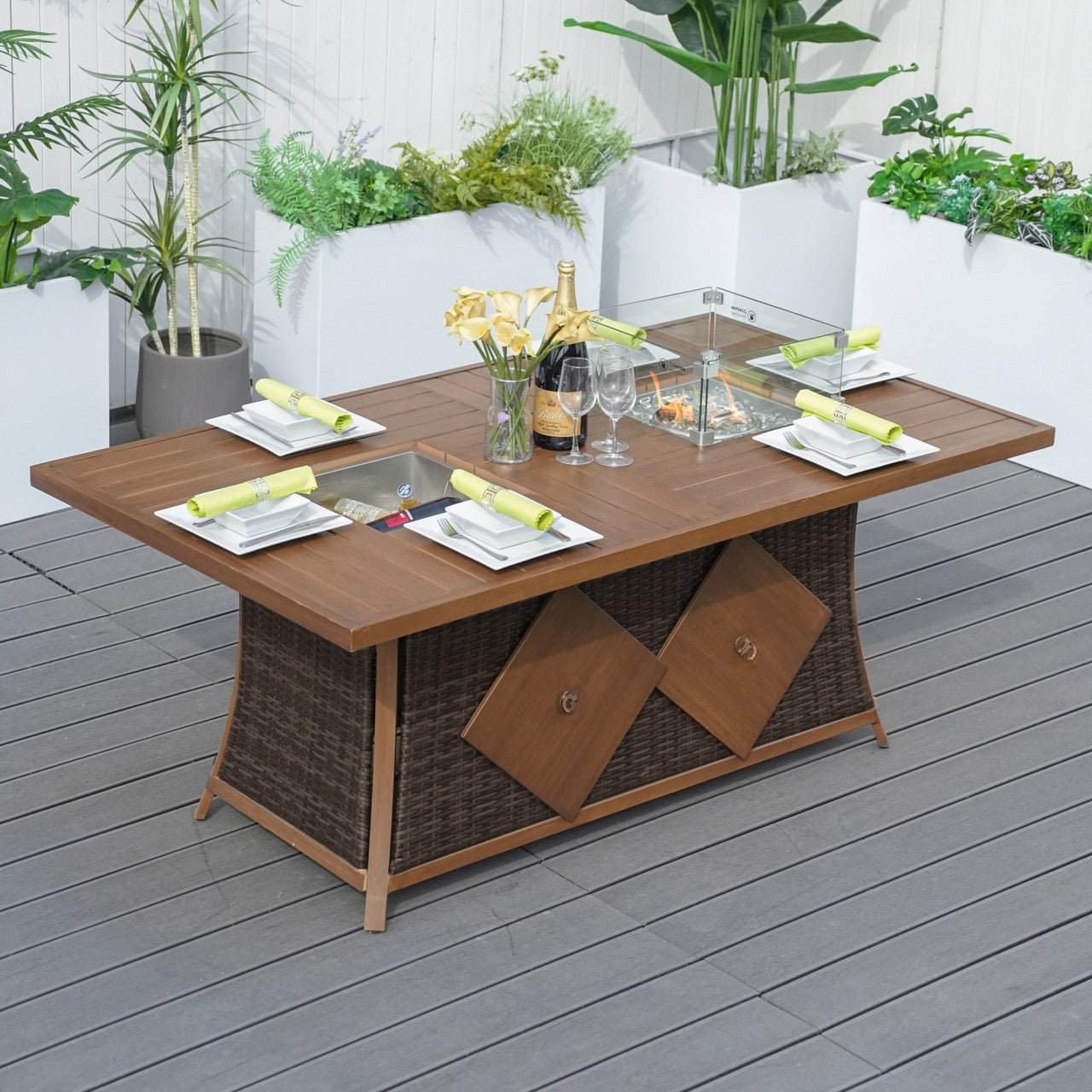 6 - Seat Rectangular Fire Pit Table with Ice Bucket (PAG - 1106FI - T) - Direct Wicker