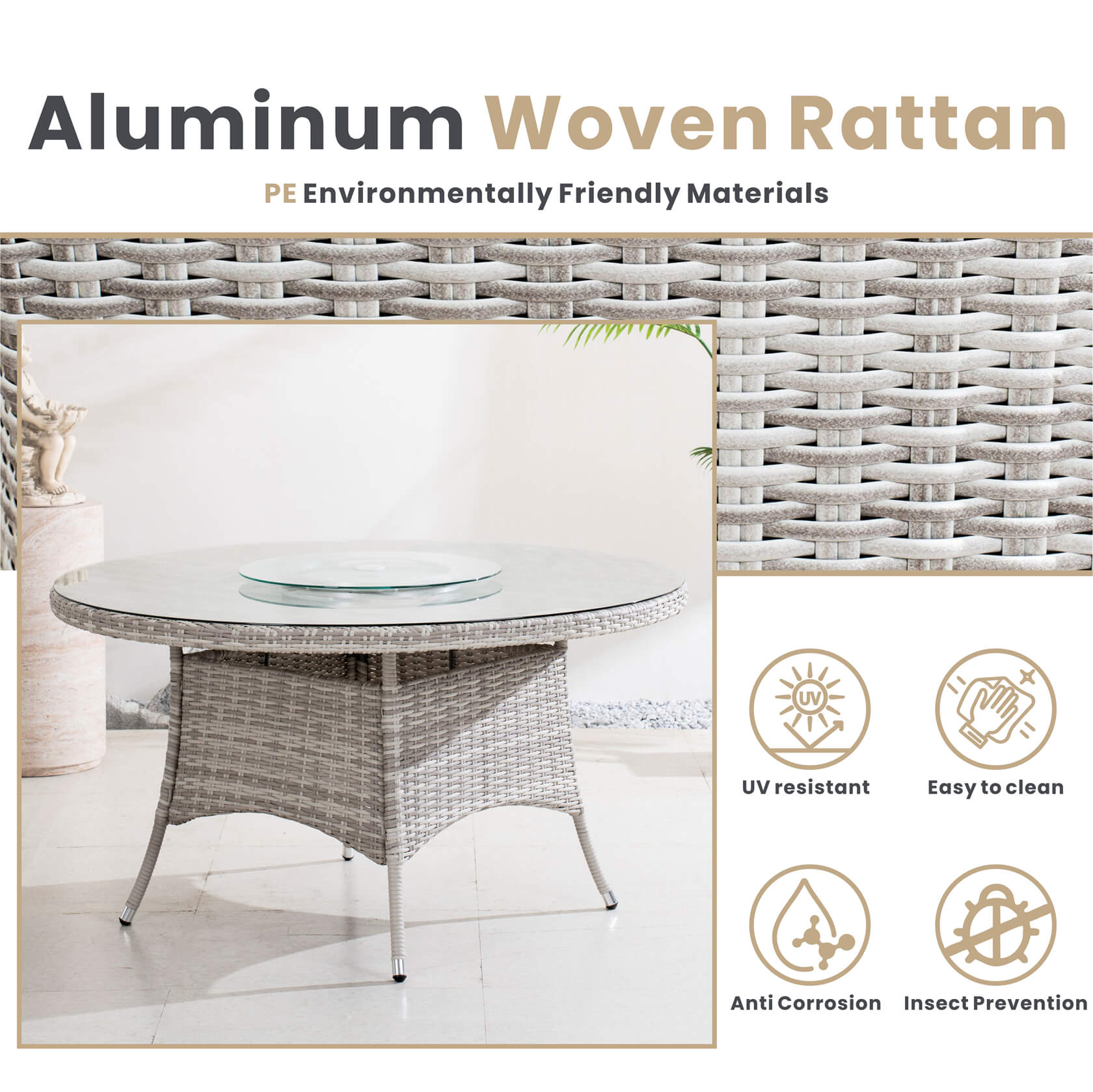 6 - Seat Round Outdoor Dining Table with Glass Turntable (PAD - 1711 - Table) - Direct Wicker