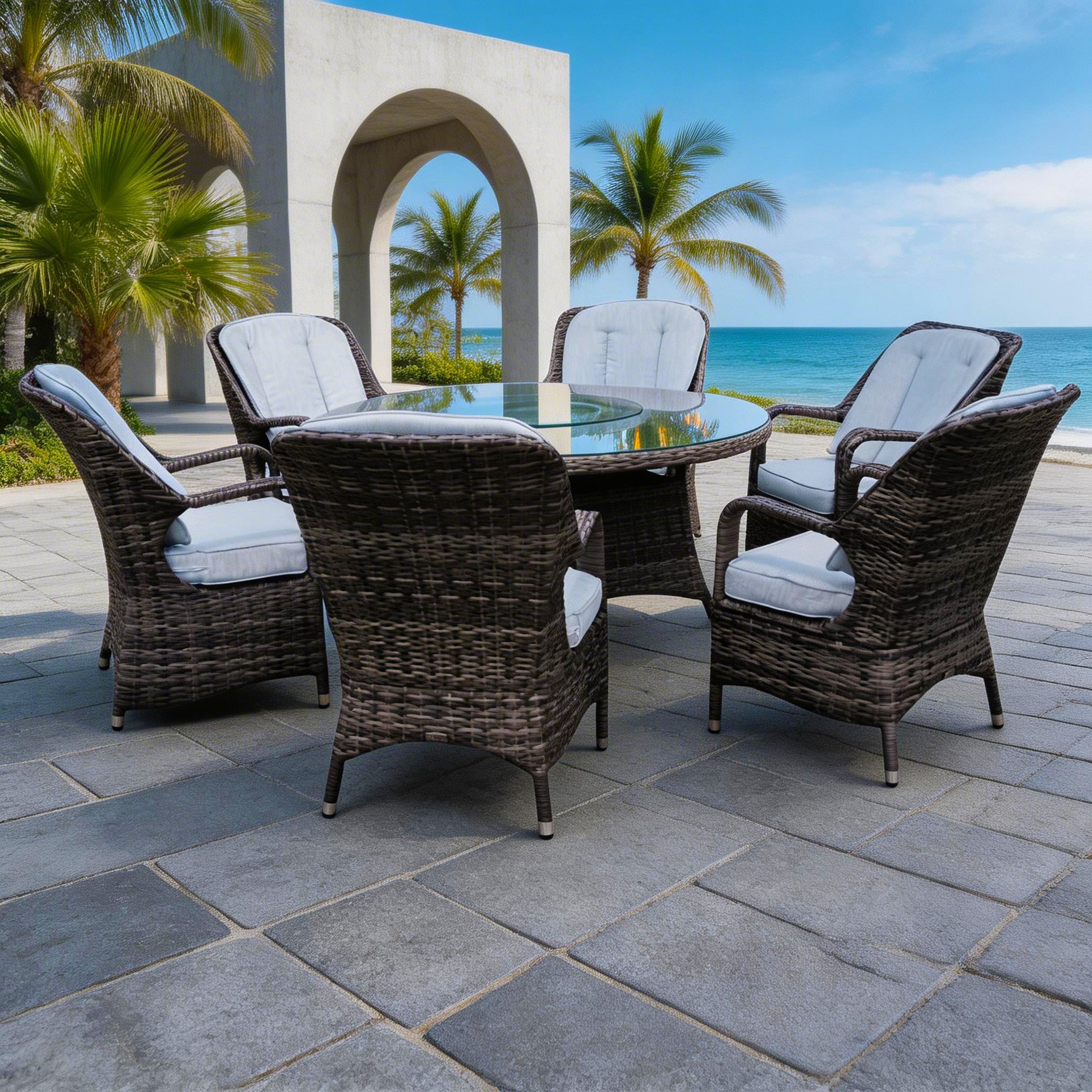6 - Seater Outdoor Dining Set with Round Table (PAD - 1711) - Direct Wicker
