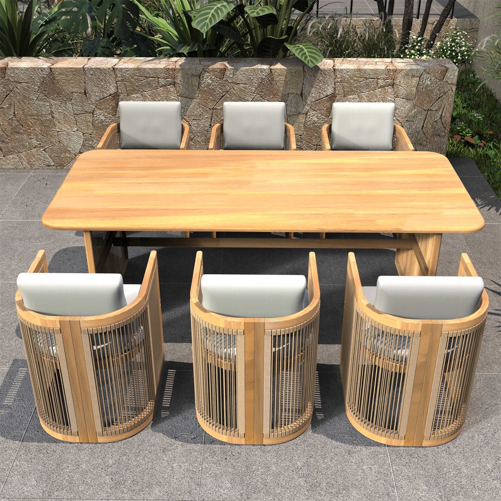 6 - Seater Outdoor Dining Table Set with 6 Chairs - Solid Wood Dining Set(PAD - 2517) - Direct Wicker