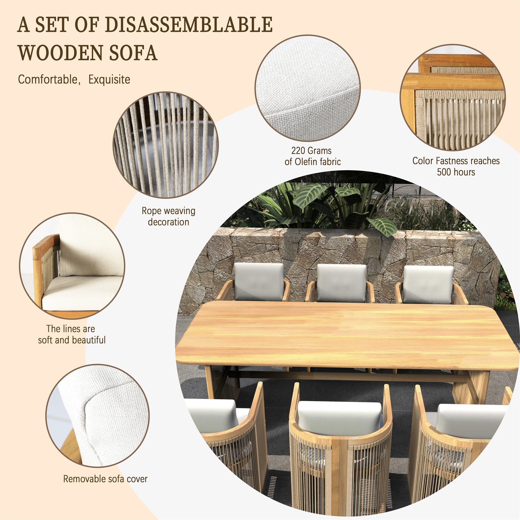 6 - Seater Outdoor Dining Table Set with 6 Chairs - Solid Wood Dining Set(PAD - 2517) - Direct Wicker