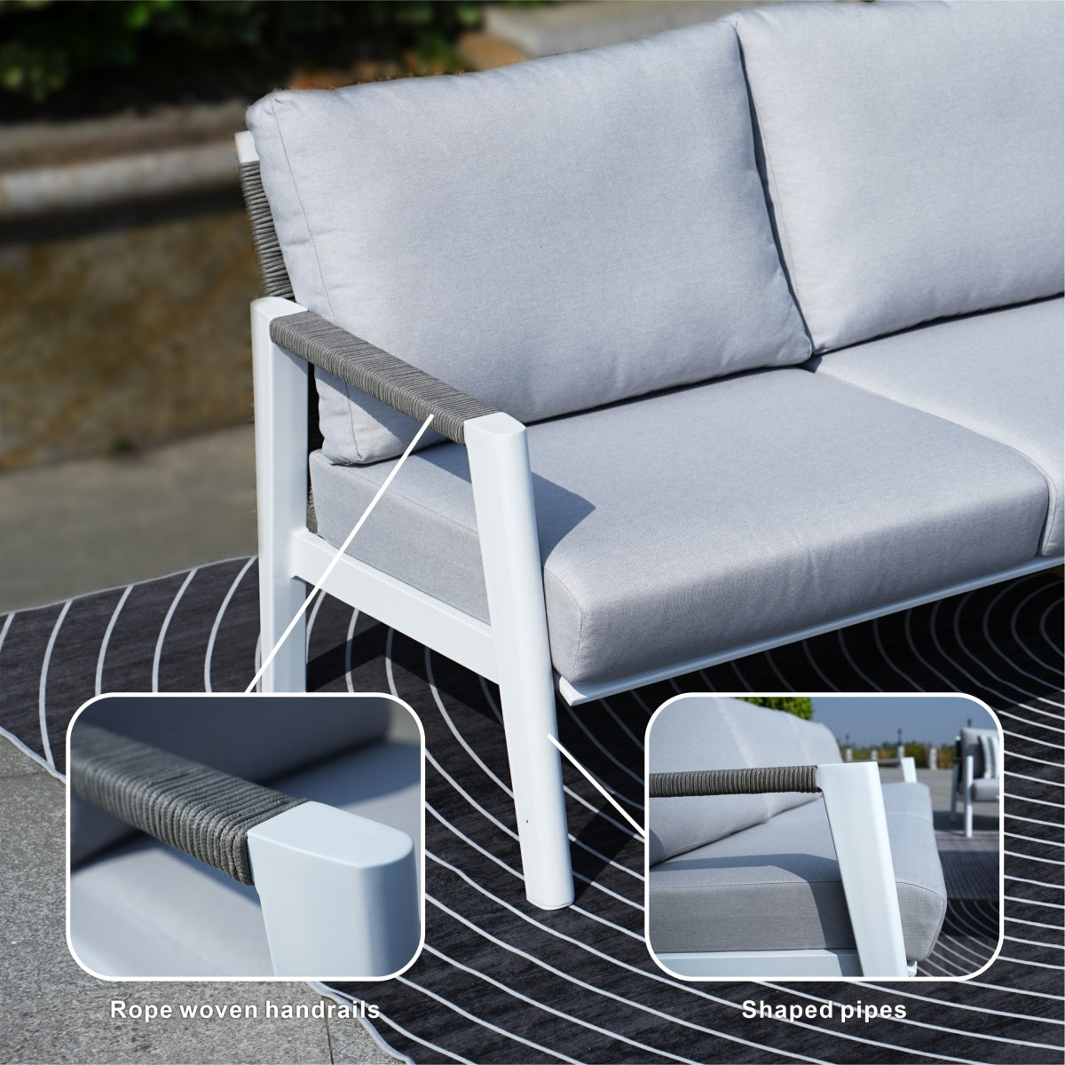 White Aluminum Outdoor Sofa Set with Rope Woven Accents – 5-Piece Modern Patio Conversation Set