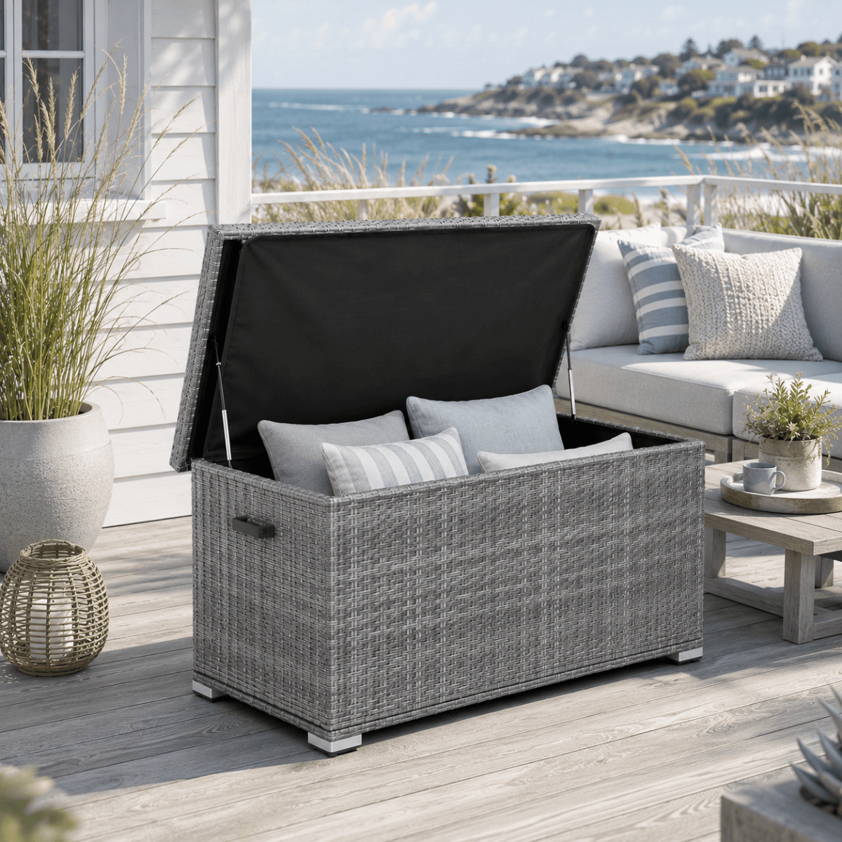 65 Gallon Capacity Outdoor Wicker Storage Box PE Wicker with Iron Frame (PA-3256S-I) - Direct Wicker