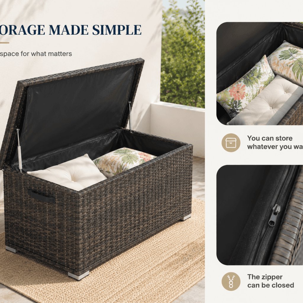 65 Gallon Capacity Outdoor Wicker Storage Box PE Wicker with Iron Frame (PA-3256S-I) - Direct Wicker