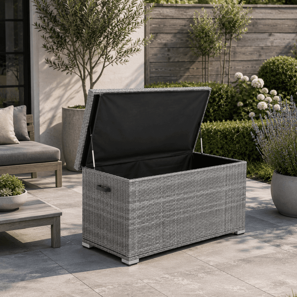 65 Gallon Capacity Outdoor Wicker Storage Box PE Wicker with Iron Frame (PA-3256S-I) - Direct Wicker