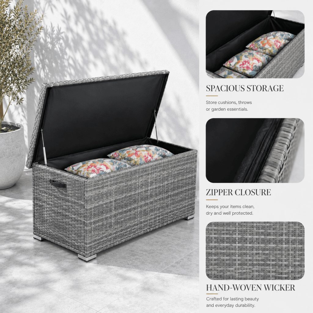 65 Gallon Capacity Outdoor Wicker Storage Box PE Wicker with Iron Frame (PA-3256S-I) - Direct Wicker