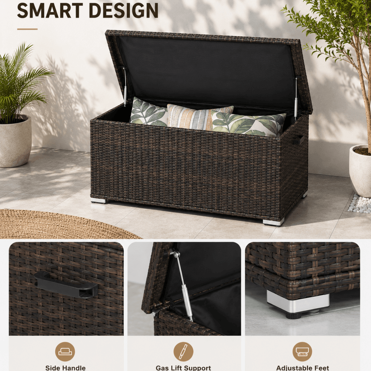 65 Gallon Capacity Outdoor Wicker Storage Box PE Wicker with Iron Frame (PA-3256S-I) - Direct Wicker