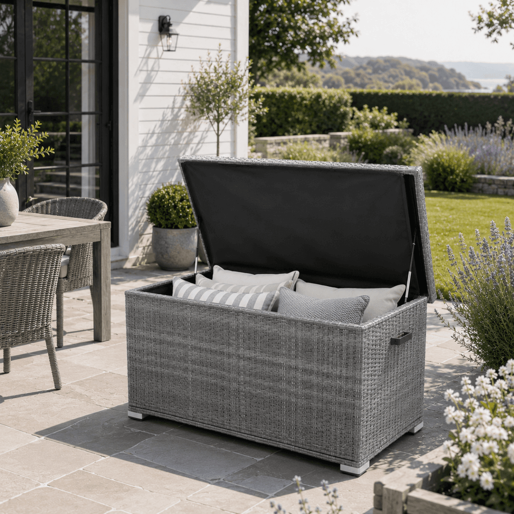 65 Gallon Capacity Outdoor Wicker Storage Box PE Wicker with Iron Frame (PA-3256S-I) - Direct Wicker