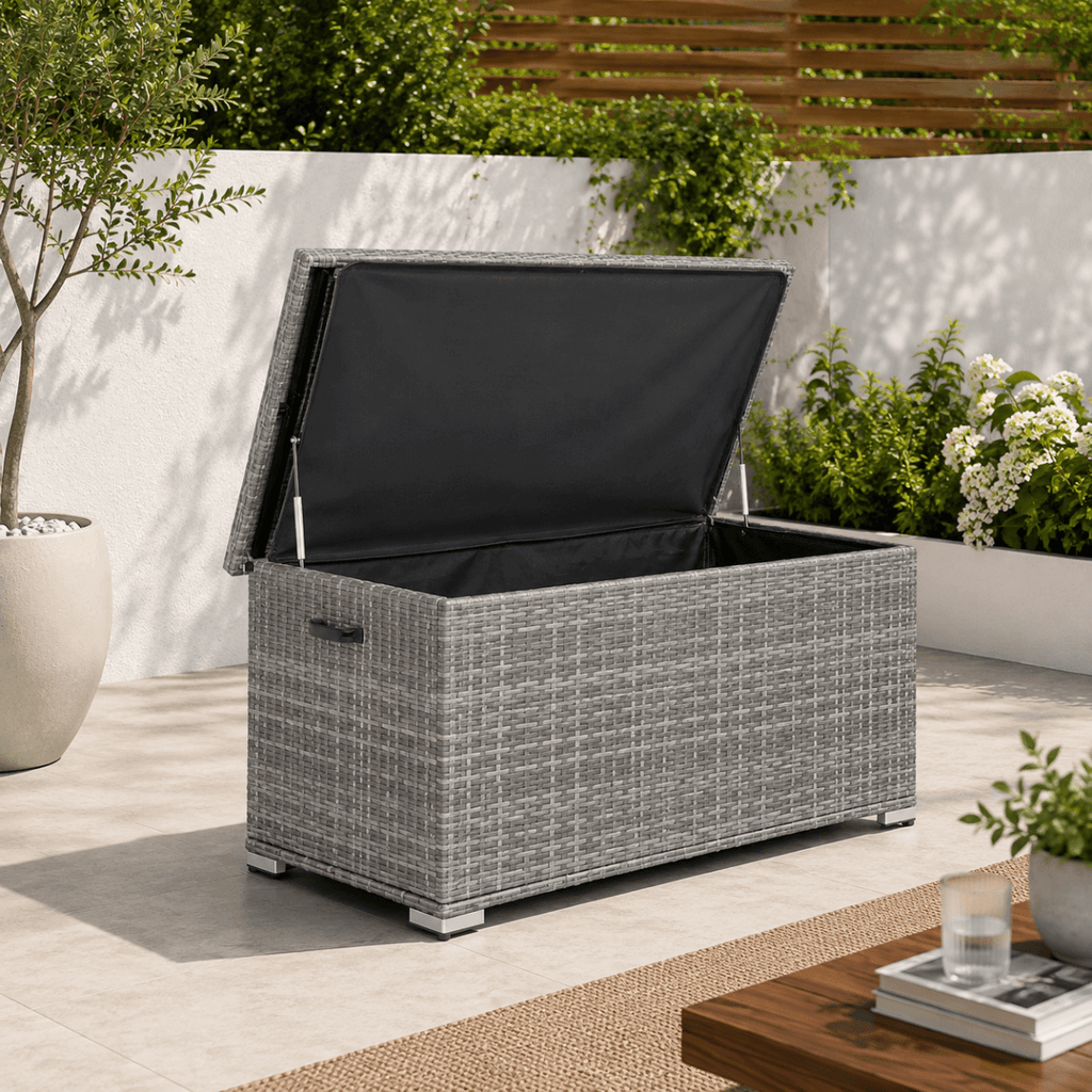 65 Gallon Capacity Outdoor Wicker Storage Box PE Wicker with Iron Frame (PA-3256S-I) - Direct Wicker