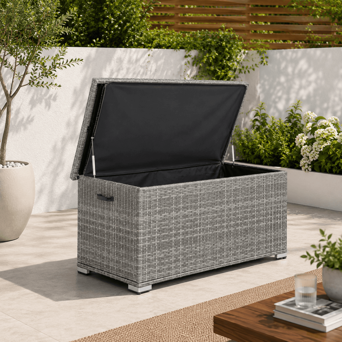 65 Gallon Capacity Outdoor Wicker Storage Box PE Wicker with Iron Frame (PA-3256S-I) - Direct Wicker