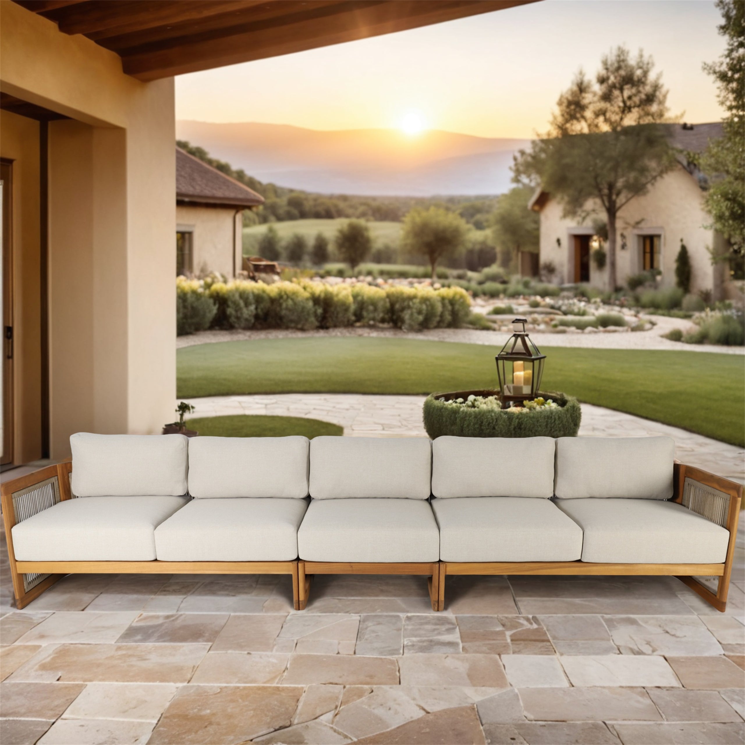I-Shape 5-Seat Solid Wood Modular Sofa – Armless Middle with Side Support (PAS-2516-LS+MS+RS)