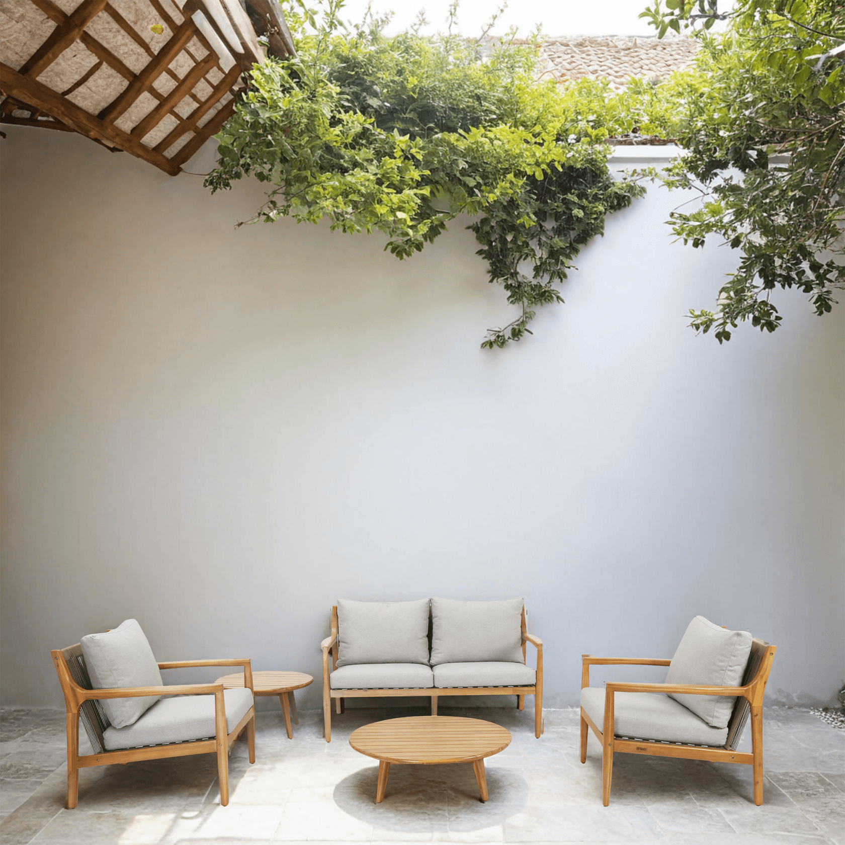 Rebel 4-Seater Wood Patio Conversation Set with Side Table (PAS-2513-2SC+SC*2+TA+ST)