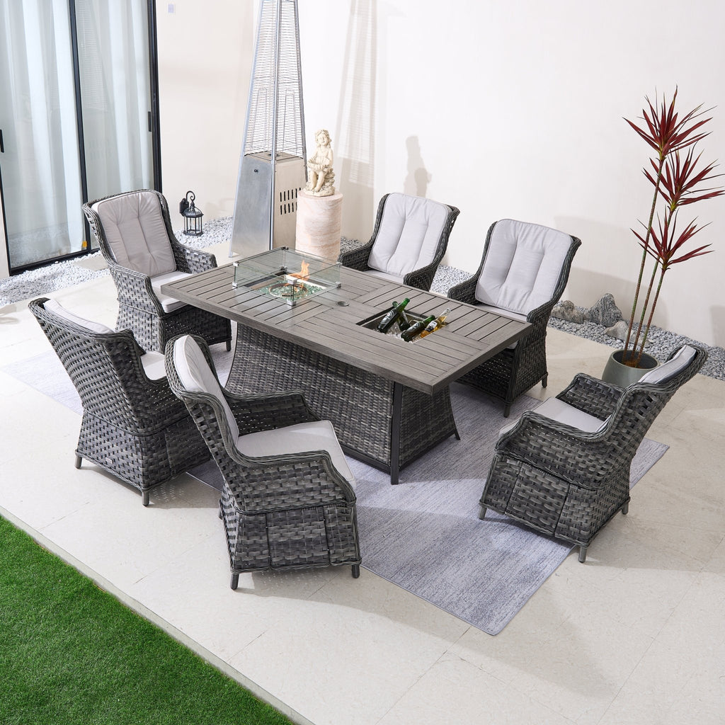 7 - Piece Aluminum PE Rattan Fire Pit Dining Set (PAC - 010+1106FI) - Direct Wicker