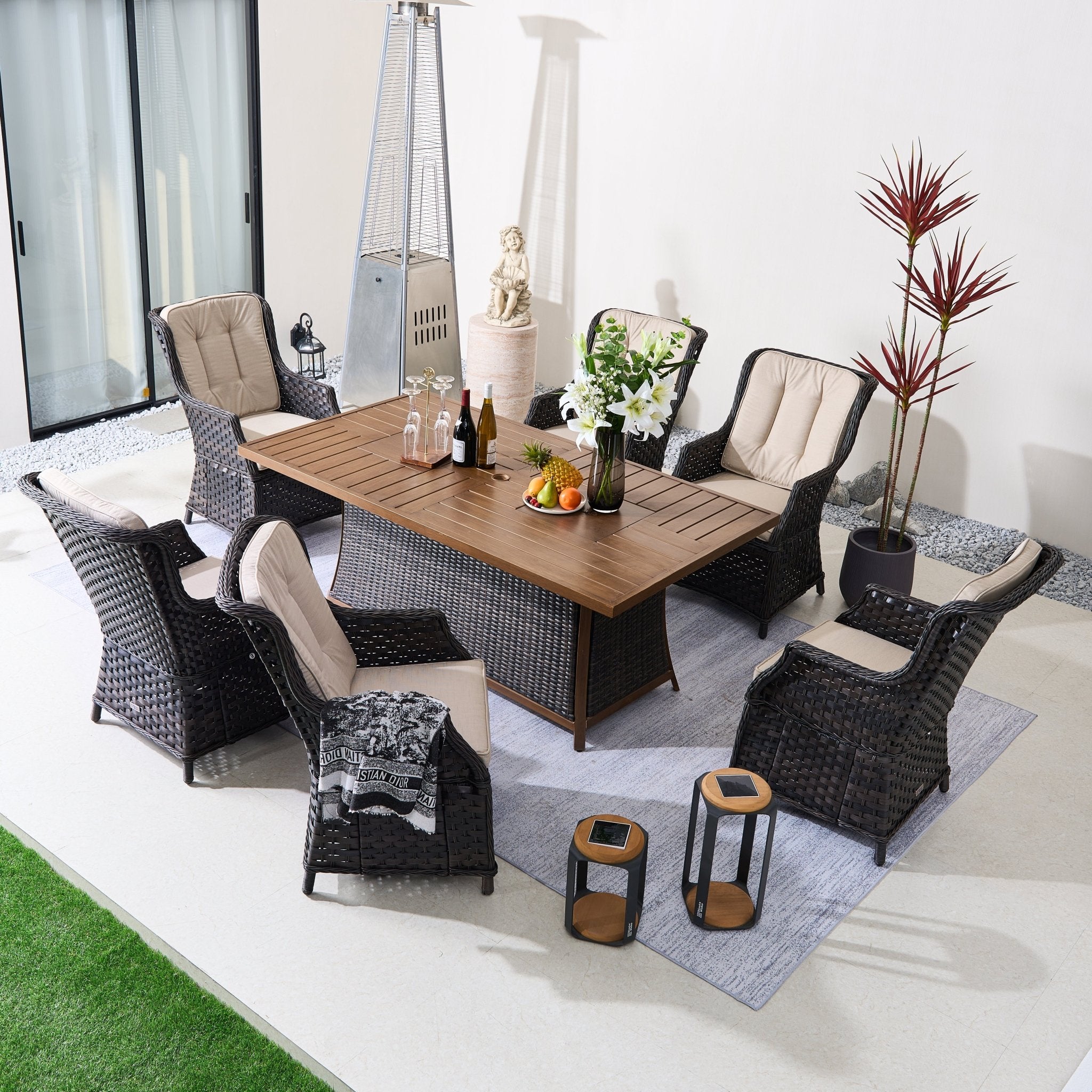 7 - Piece Aluminum PE Rattan Fire Pit Dining Set (PAC - 010+1106FI) - Direct Wicker