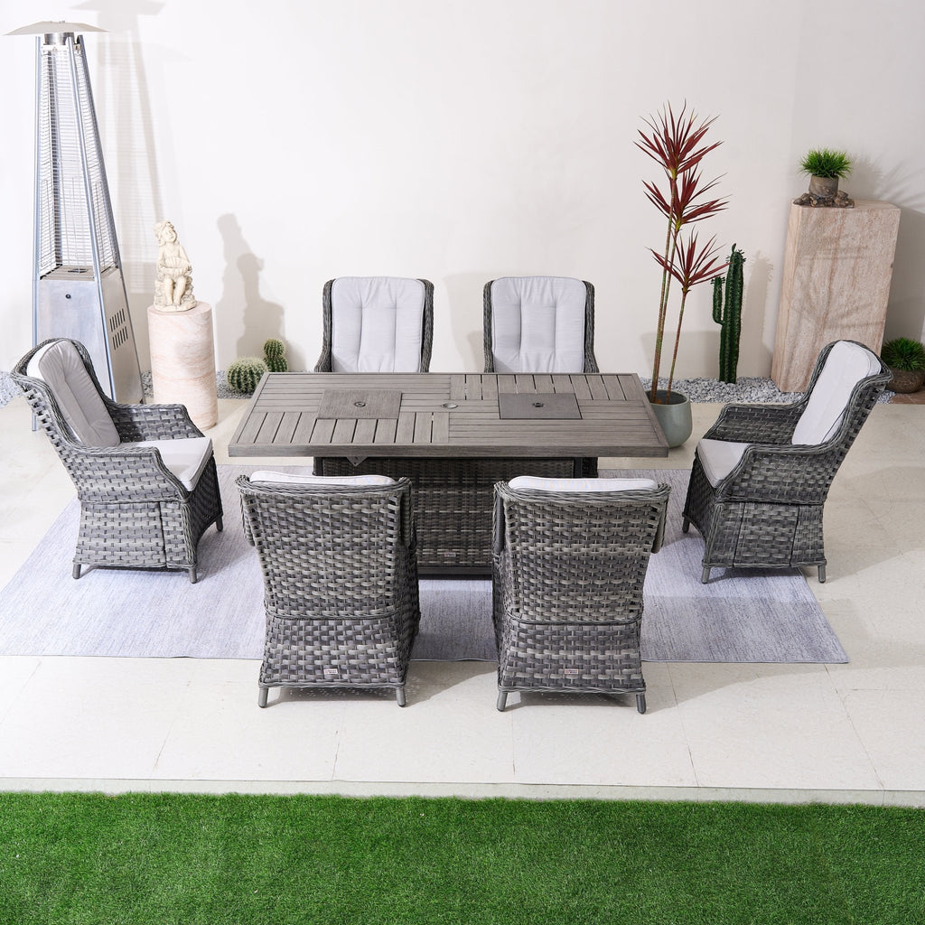 7 - Piece Aluminum PE Rattan Fire Pit Dining Set (PAC - 010+1106FI) - Direct Wicker