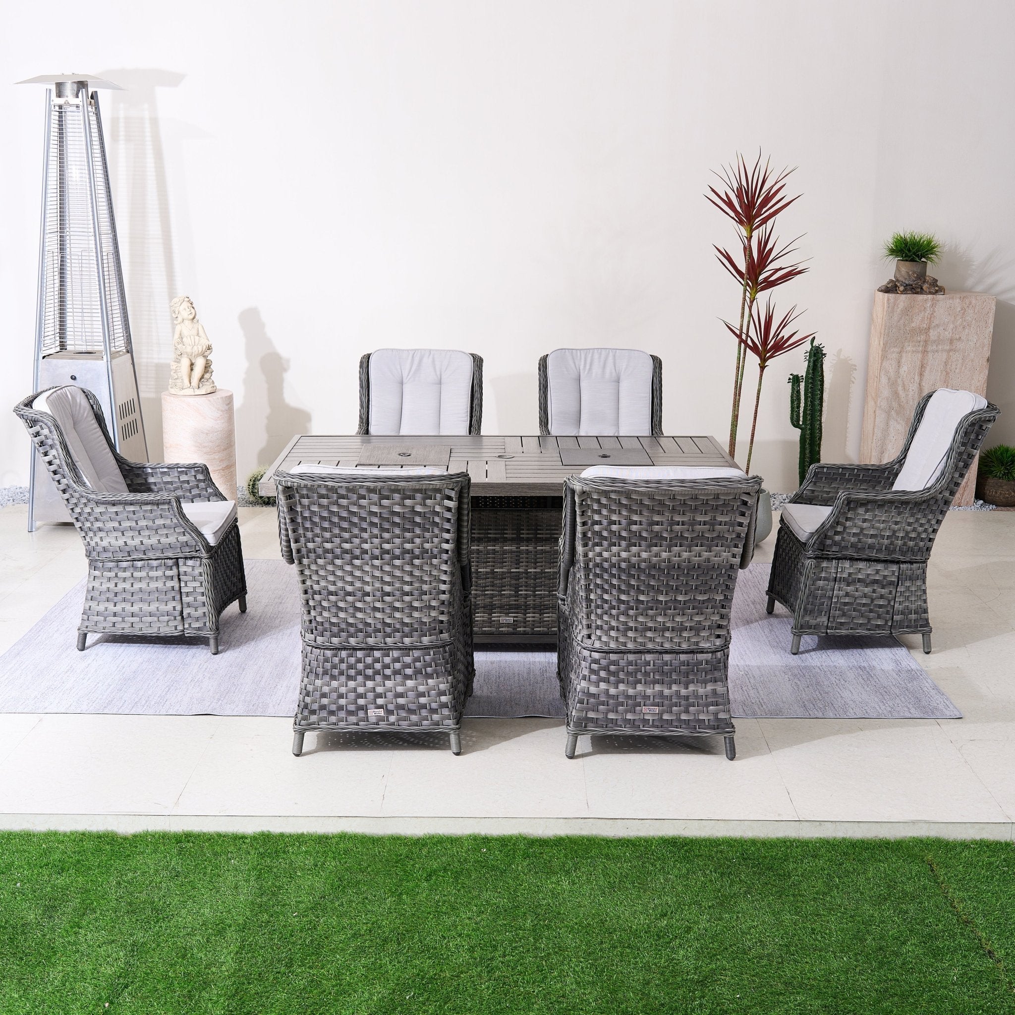 7 - Piece Aluminum PE Rattan Fire Pit Dining Set (PAC - 010+1106FI) - Direct Wicker