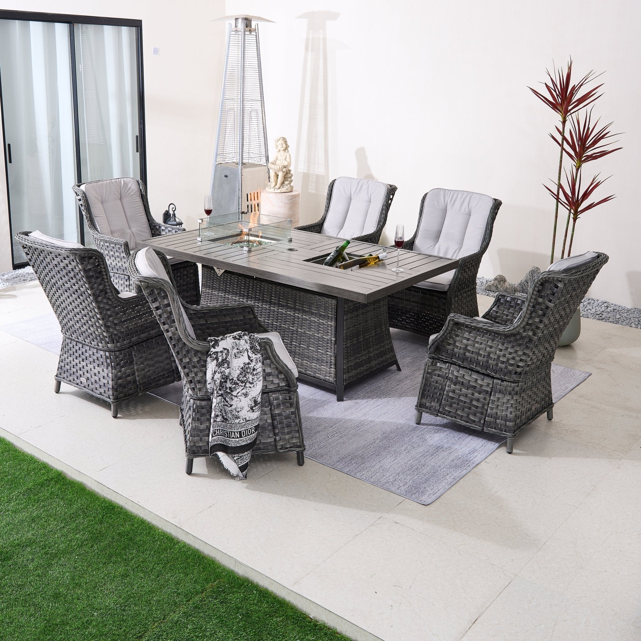 7 - Piece Aluminum PE Rattan Fire Pit Dining Set (PAC - 010+1106FI) - Direct Wicker