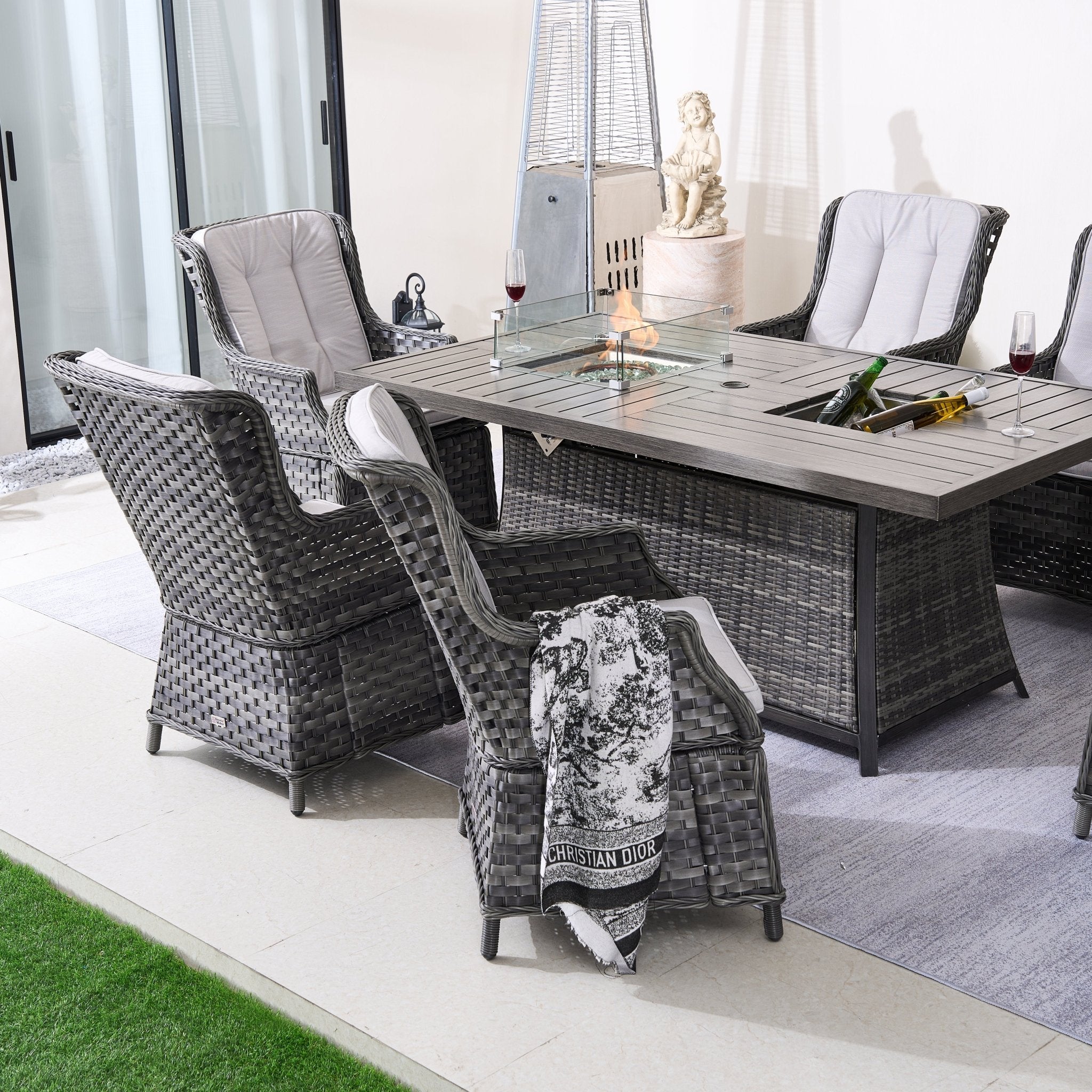 7 - Piece Aluminum PE Rattan Fire Pit Dining Set (PAC - 010+1106FI) - Direct Wicker
