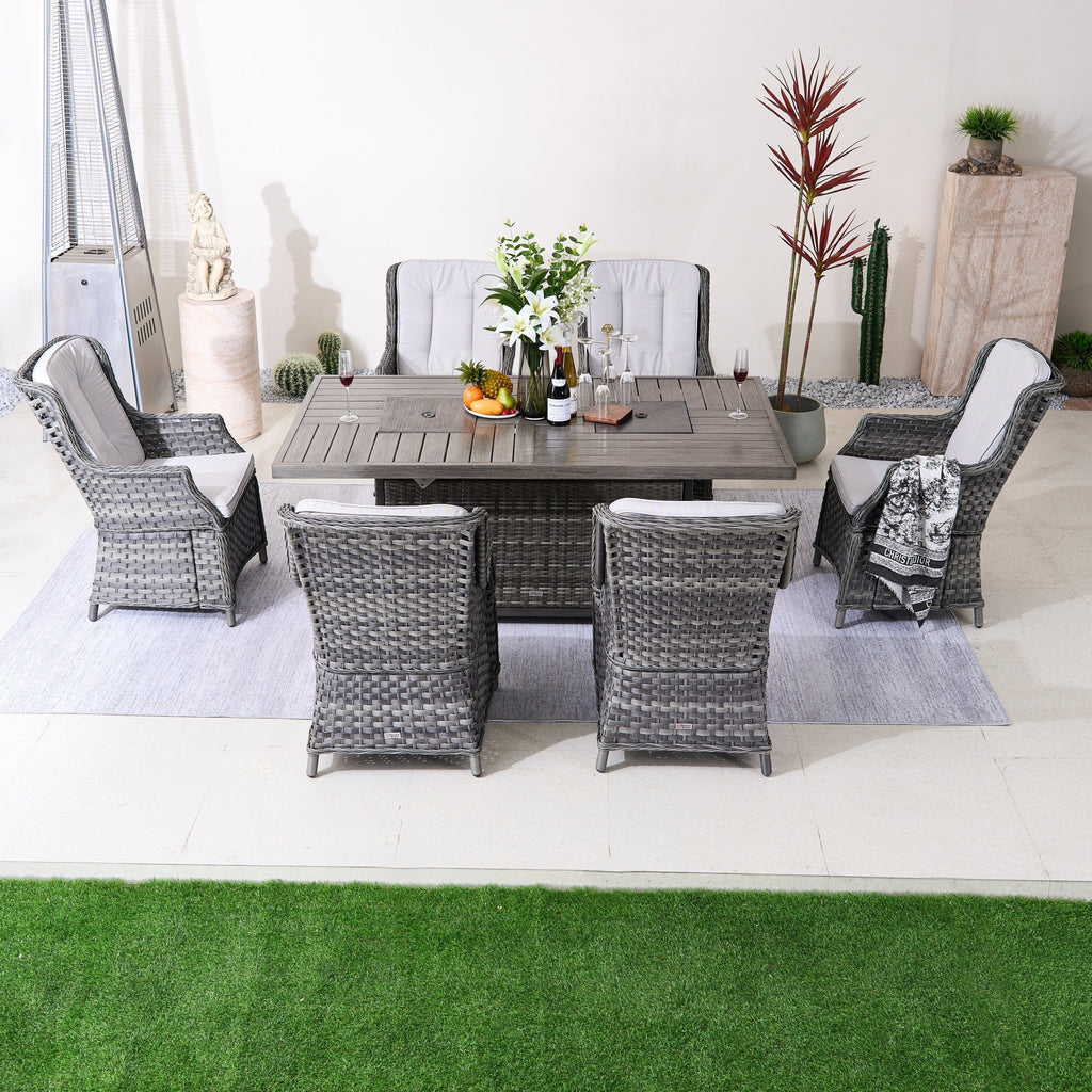7 - Piece Aluminum PE Rattan Fire Pit Dining Set (PAC - 010+1106FI) - Direct Wicker