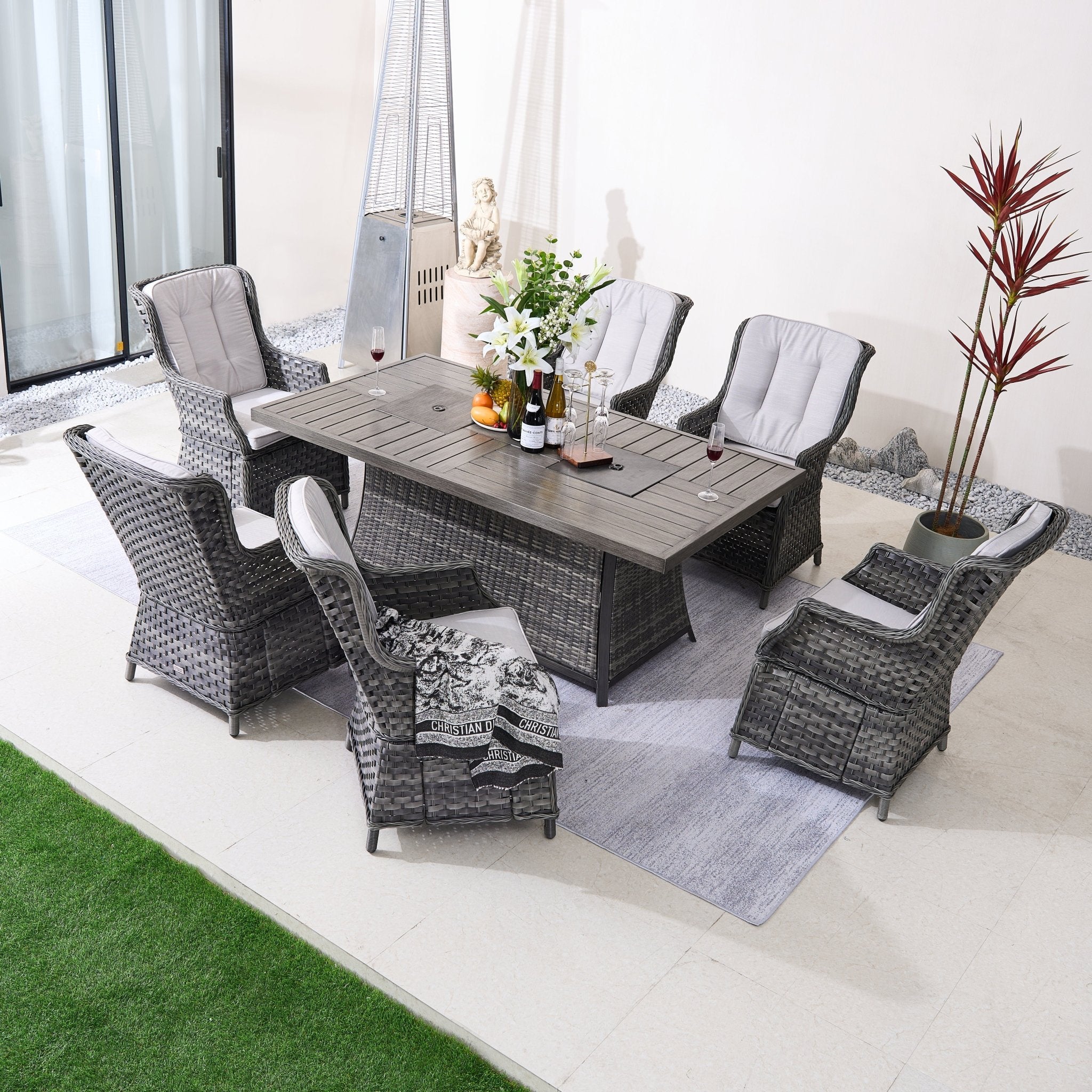 7 - Piece Aluminum PE Rattan Fire Pit Dining Set (PAC - 010+1106FI) - Direct Wicker