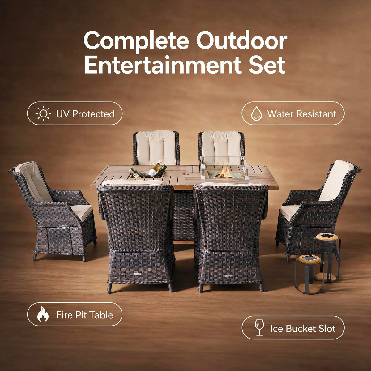 7-Piece Aluminum PE Rattan Fire Pit Dining Set (PAG-1106FI+010) - Direct Wicker