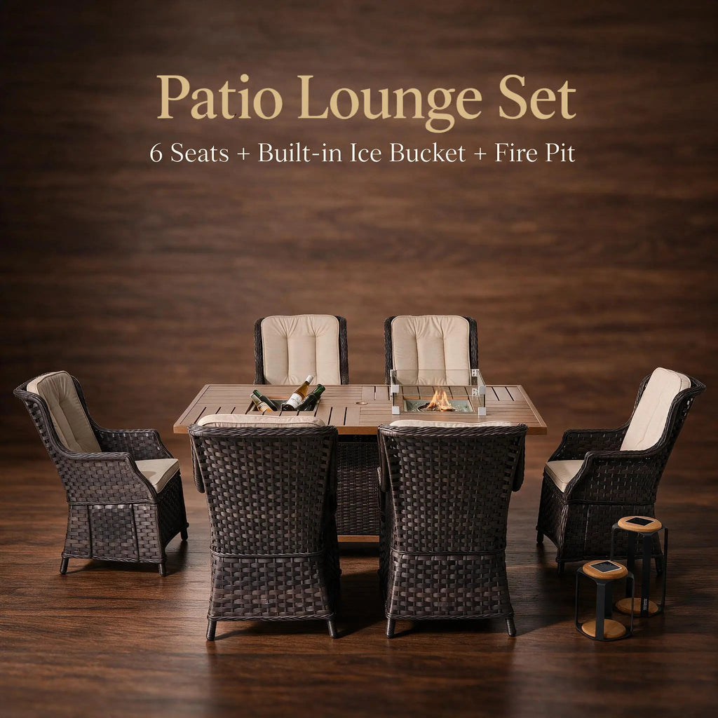 7-Piece Aluminum PE Rattan Fire Pit Dining Set (PAG-1106FI+010) - Direct Wicker