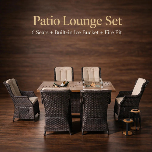7-Piece Aluminum PE Rattan Fire Pit Dining Set (PAG-1106FI+010) - Direct Wicker