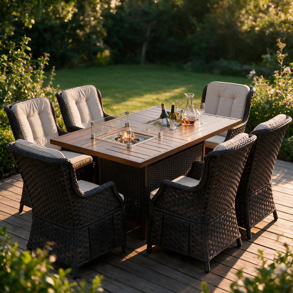 7-Piece Aluminum PE Rattan Fire Pit Dining Set (PAG-1106FI+010) - Direct Wicker