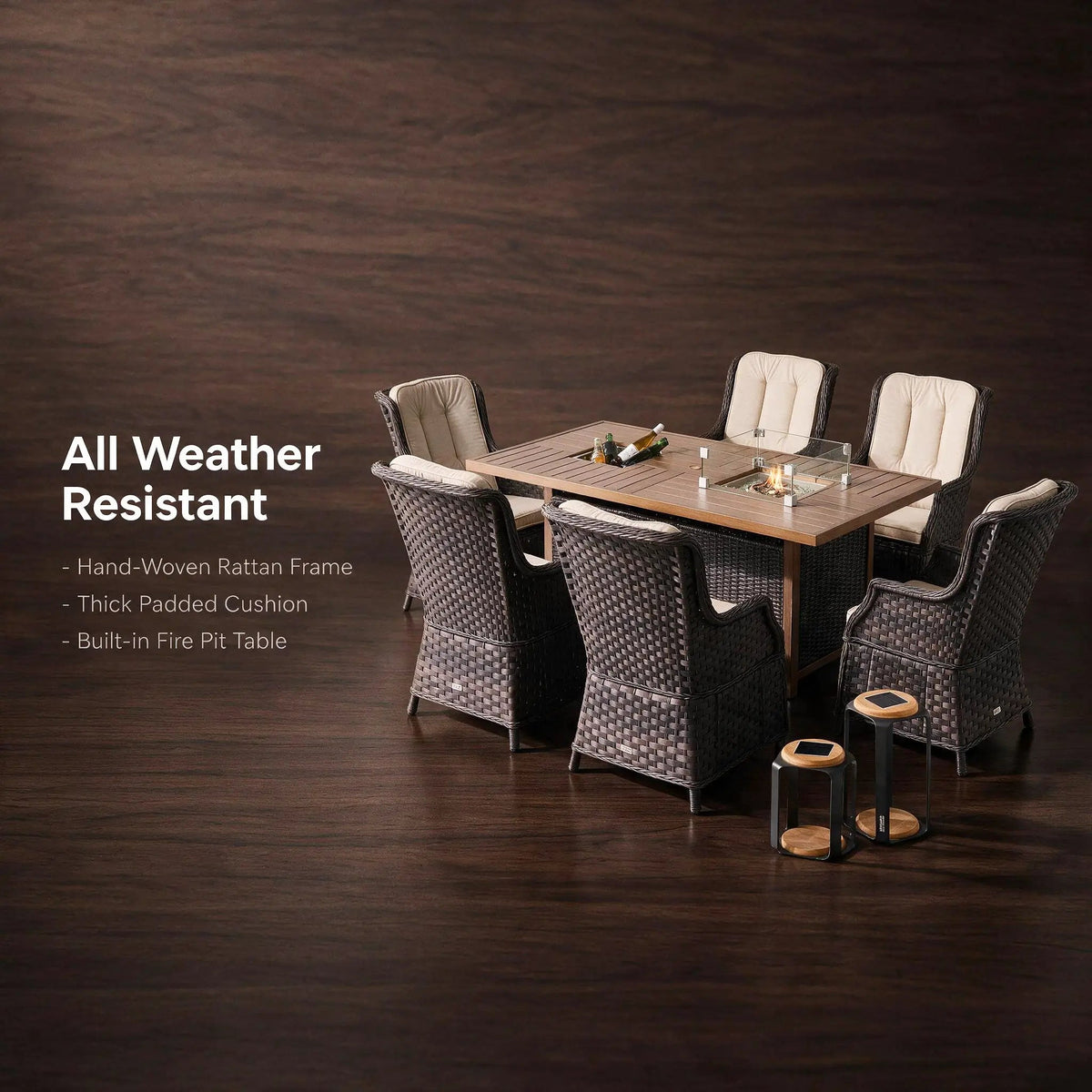 7-Piece Aluminum PE Rattan Fire Pit Dining Set (PAG-1106FI+010) - Direct Wicker